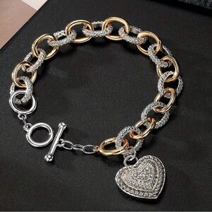 Two Tone Interlocking Heart Rhinestone Link Bracelet